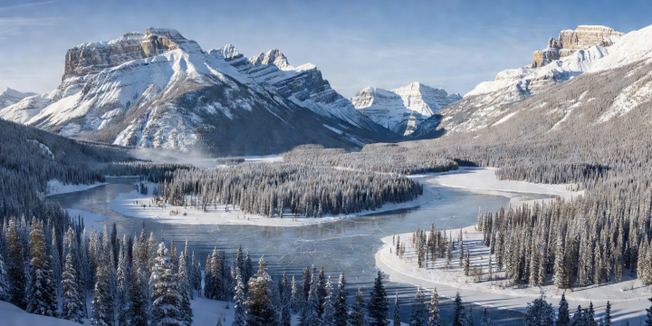 Snowy pine forest and glacial river basin surrounded by sharp Canadian Rocky peaks