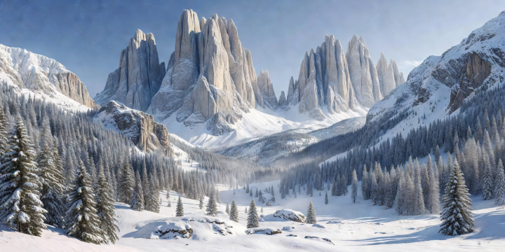 Sheer limestone towers rising above snowy evergreen valleys in the Italian Dolomites