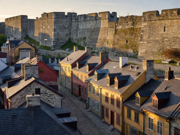 Stone ramparts and historic lower town architecture in Quebec City