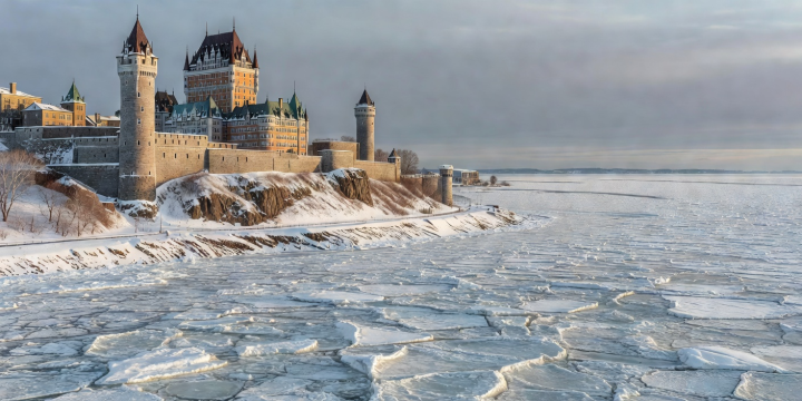 Historic masonry towers of Quebec City overlooking frozen ice floes on the Saint Lawrence River