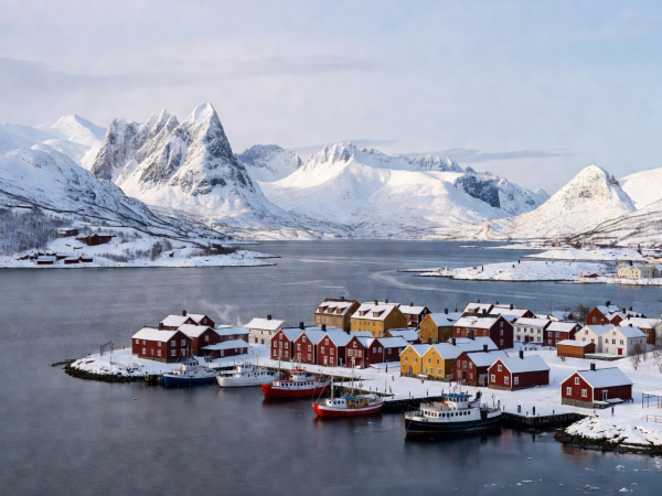 Tromsø harbour waterfront with snow-clad coastal mountains